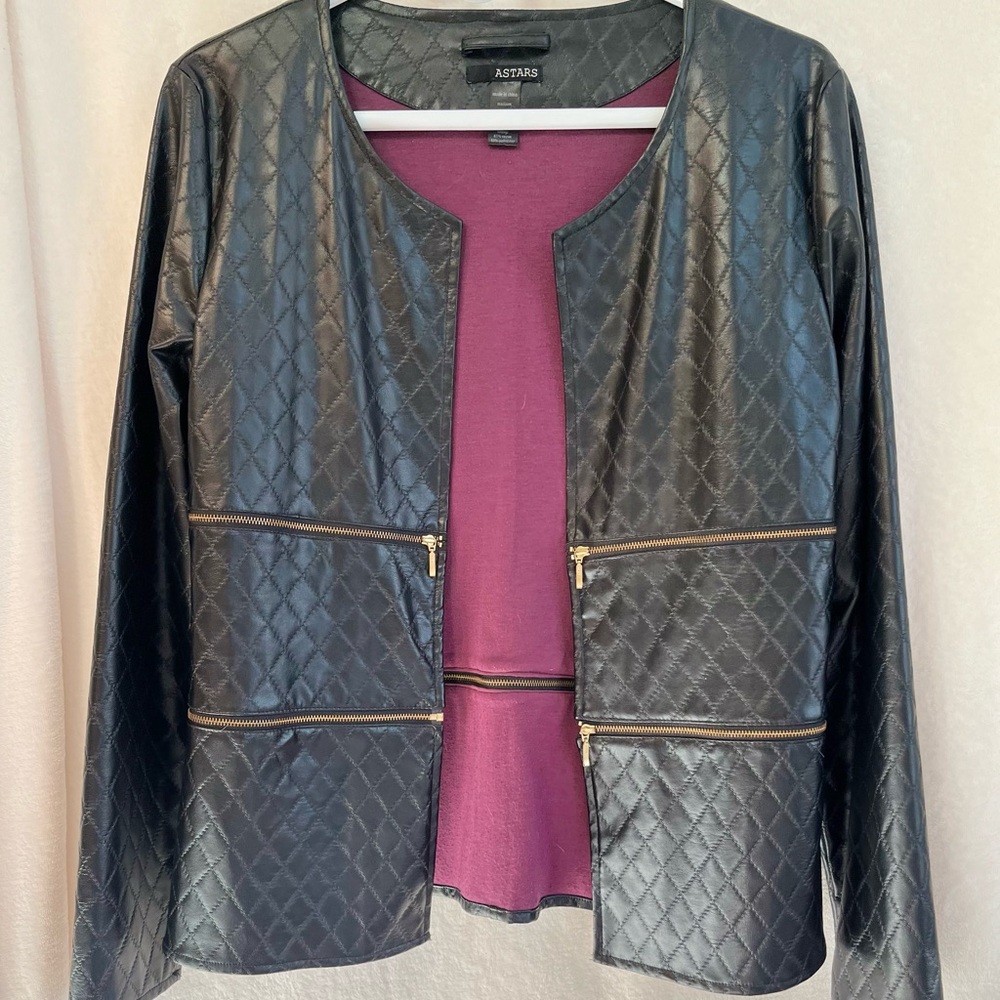 Astars Black Quilted Vegan Leather Jacket with Gold Accents